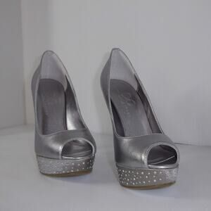 NWT Mariah Carey Y2K Pewter Leather Rhinestones 5" Stiletto Platform Pumps 7M